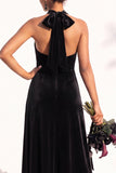 Burgundy A-Line Velvet Halter Long Wedding Guest Dress