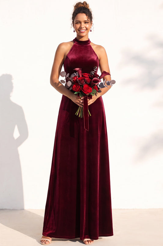 Burgundy A-Line Velvet Halter Long Wedding Guest Dress