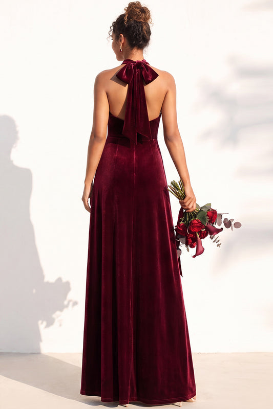 Burgundy A-Line Velvet Halter Long Wedding Guest Dress