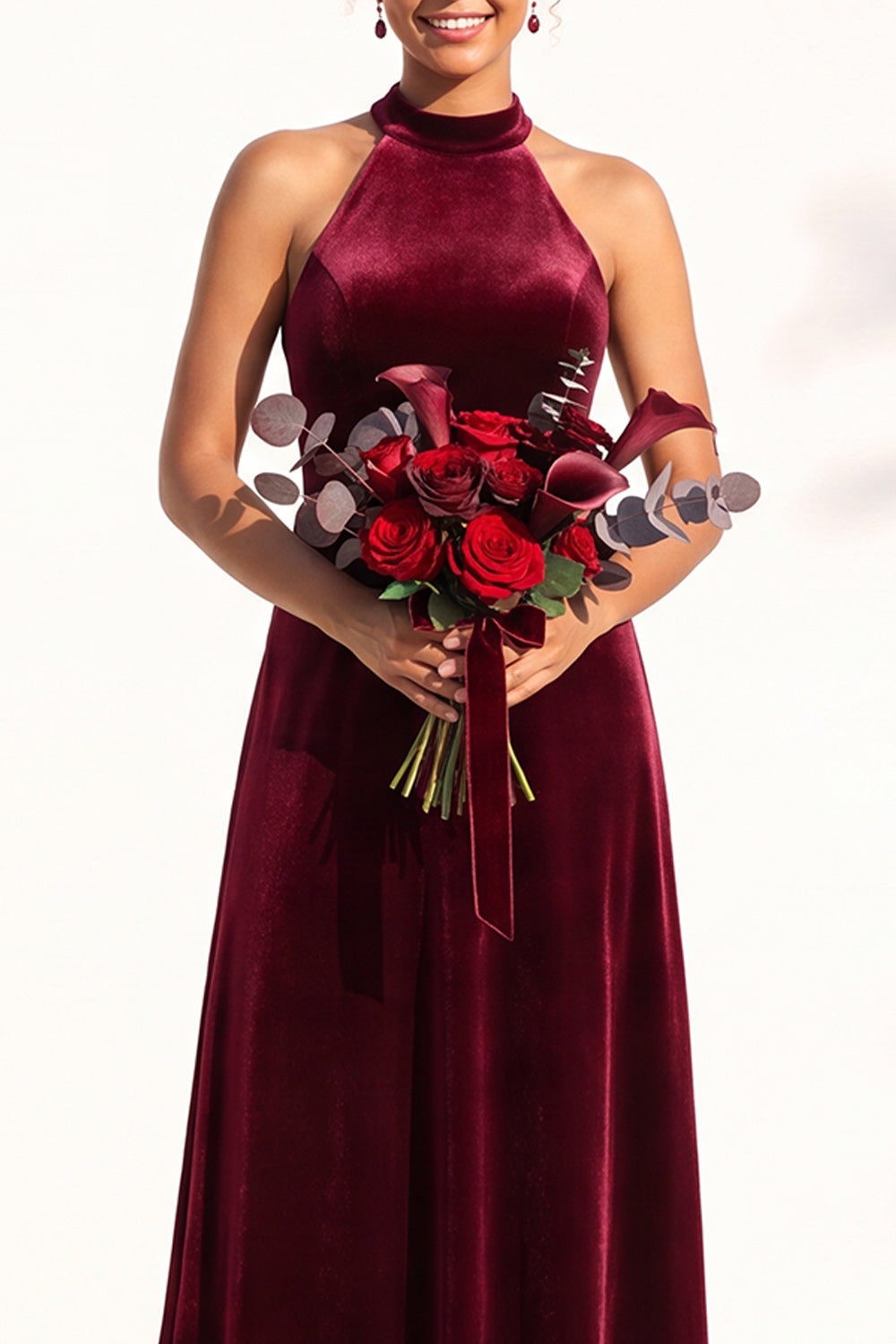 Burgundy A-Line Velvet Halter Long Wedding Guest Dress