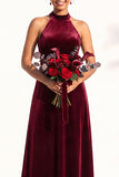 Burgundy A-Line Velvet Halter Long Wedding Guest Dress