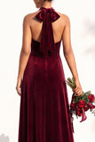 Burgundy A-Line Velvet Halter Long Wedding Guest Dress