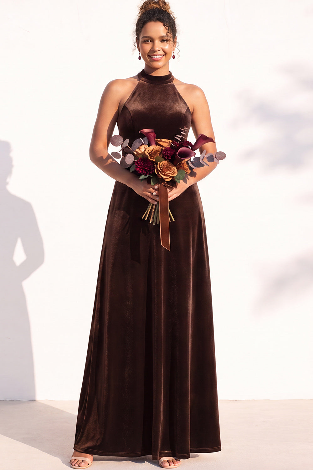 Burgundy A-Line Velvet Halter Long Wedding Guest Dress
