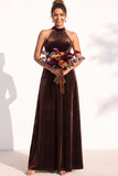 Burgundy A-Line Velvet Halter Long Wedding Guest Dress