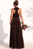 Burgundy A-Line Velvet Halter Long Wedding Guest Dress