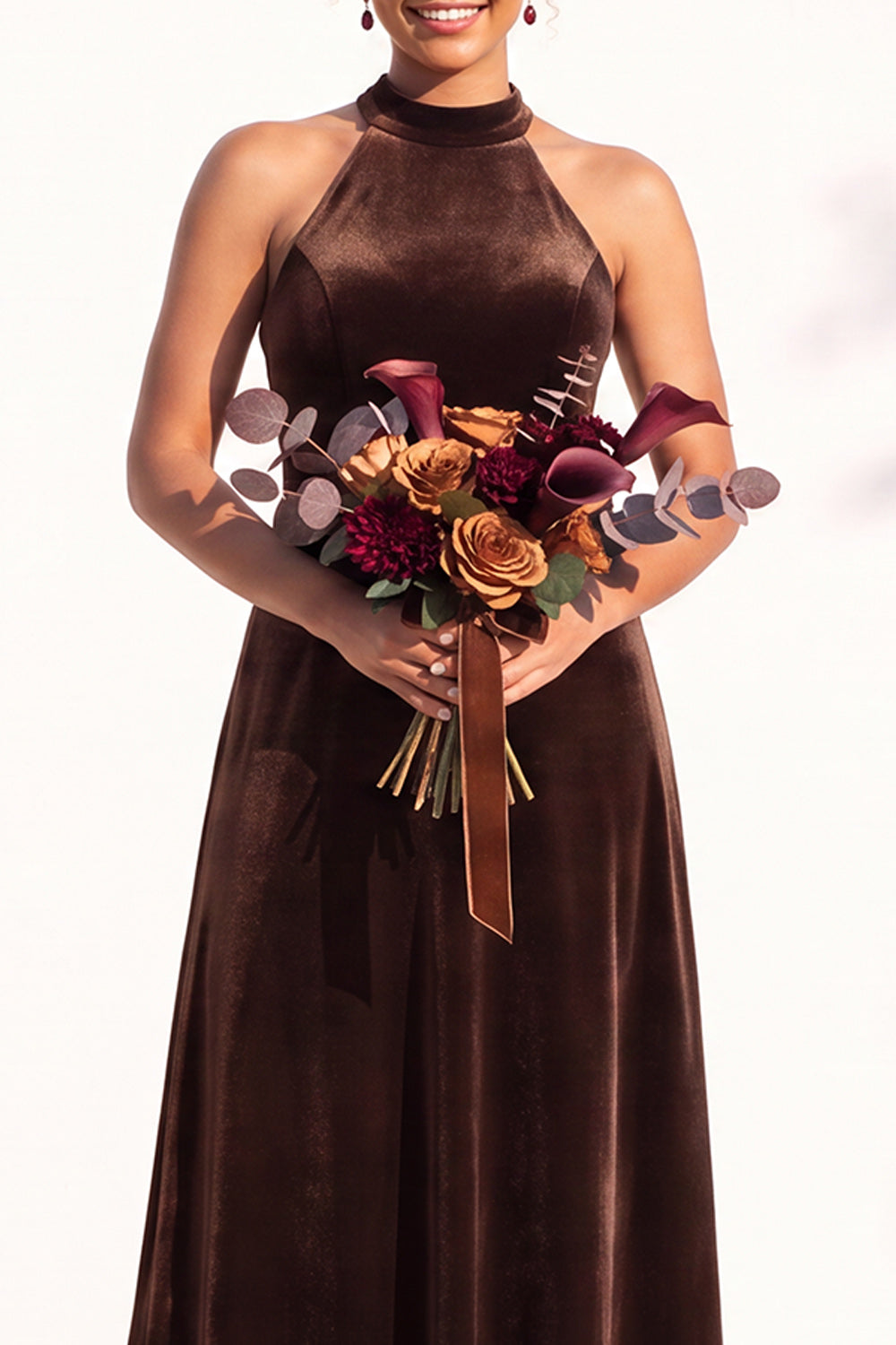 Burgundy A-Line Velvet Halter Long Wedding Guest Dress