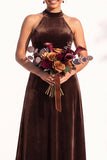 Burgundy A-Line Velvet Halter Long Wedding Guest Dress