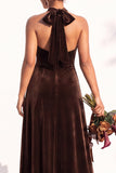 Burgundy A-Line Velvet Halter Long Wedding Guest Dress