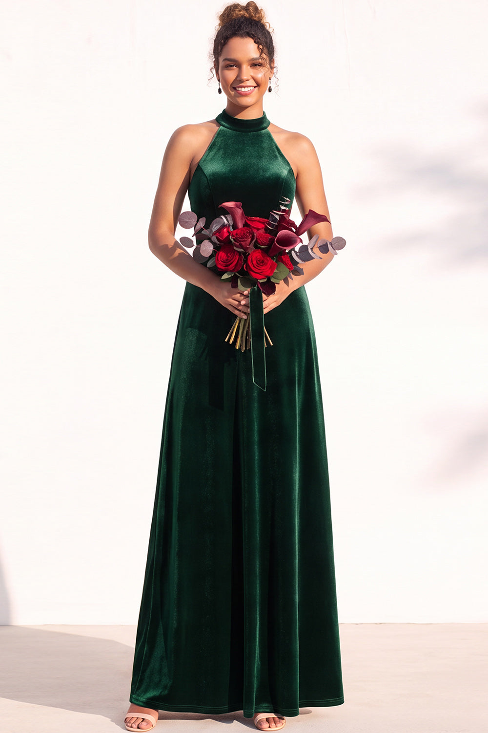 Burgundy A-Line Velvet Halter Long Wedding Guest Dress