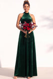 Burgundy A-Line Velvet Halter Long Wedding Guest Dress