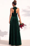 Burgundy A-Line Velvet Halter Long Wedding Guest Dress