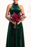 Burgundy A-Line Velvet Halter Long Wedding Guest Dress