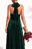 Burgundy A-Line Velvet Halter Long Wedding Guest Dress