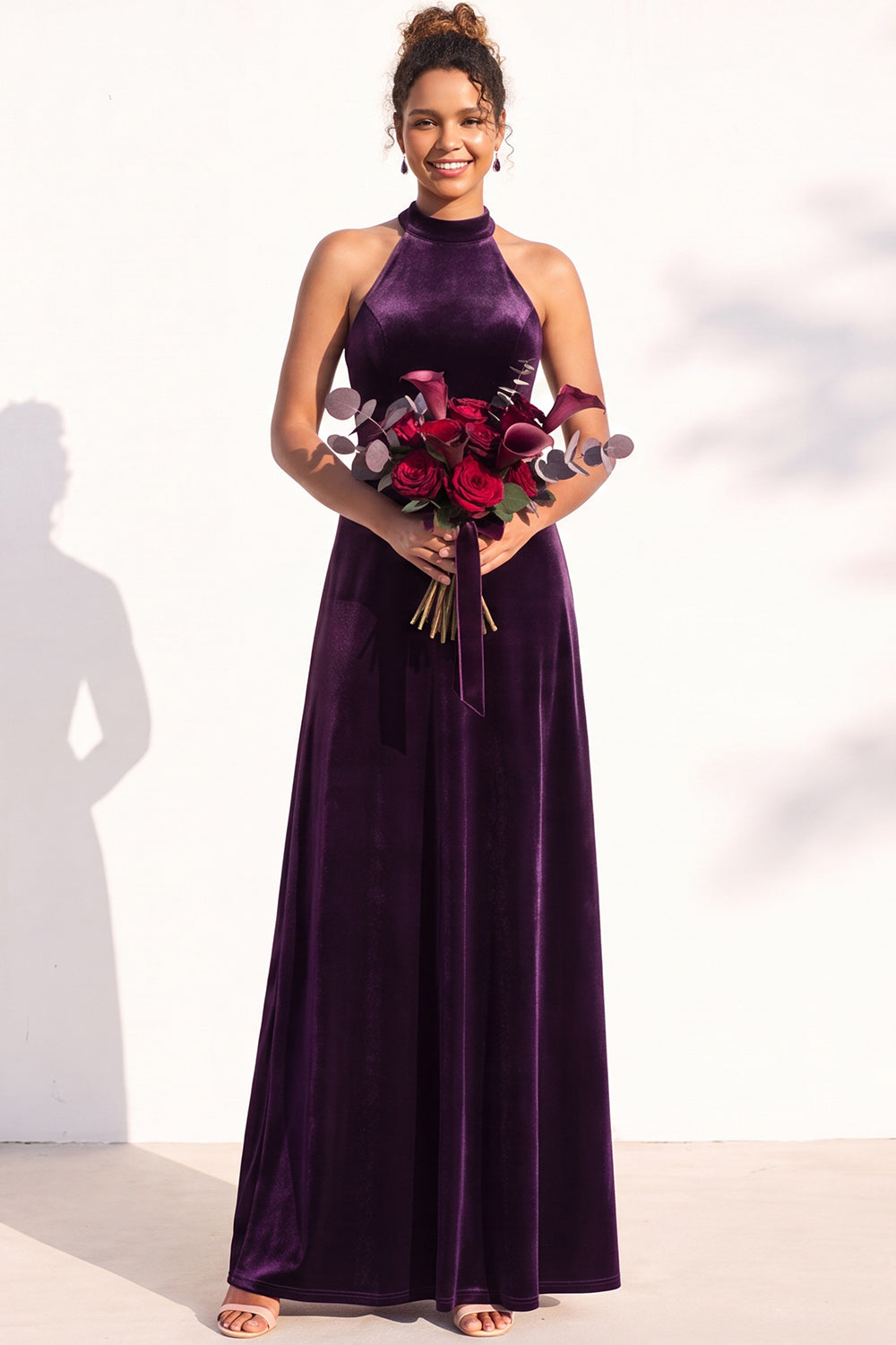 Burgundy A-Line Velvet Halter Long Wedding Guest Dress
