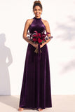 Burgundy A-Line Velvet Halter Long Wedding Guest Dress