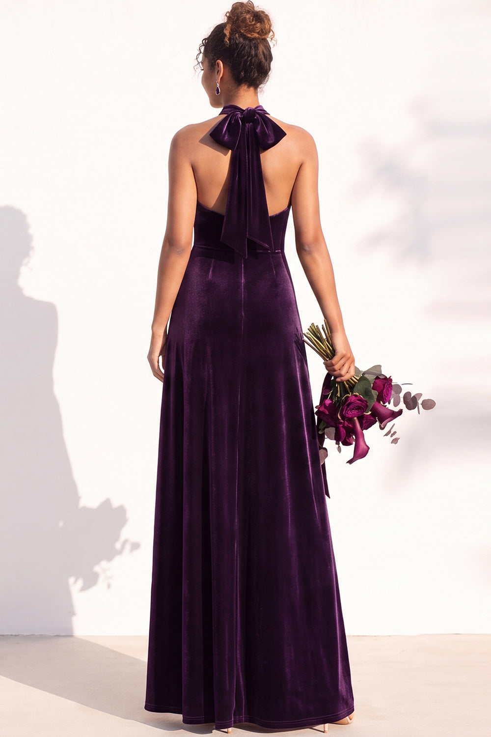 Burgundy A-Line Velvet Halter Long Wedding Guest Dress