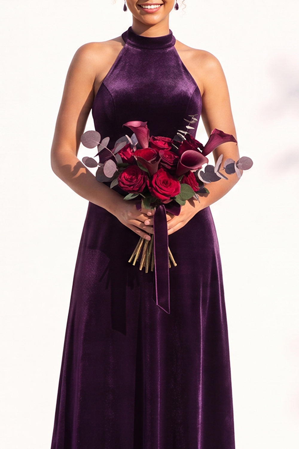 Burgundy A-Line Velvet Halter Long Wedding Guest Dress