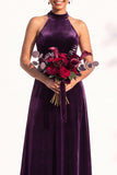 Burgundy A-Line Velvet Halter Long Wedding Guest Dress