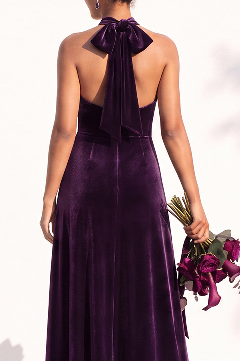 Burgundy A-Line Velvet Halter Long Wedding Guest Dress