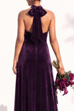 Burgundy A-Line Velvet Halter Long Wedding Guest Dress