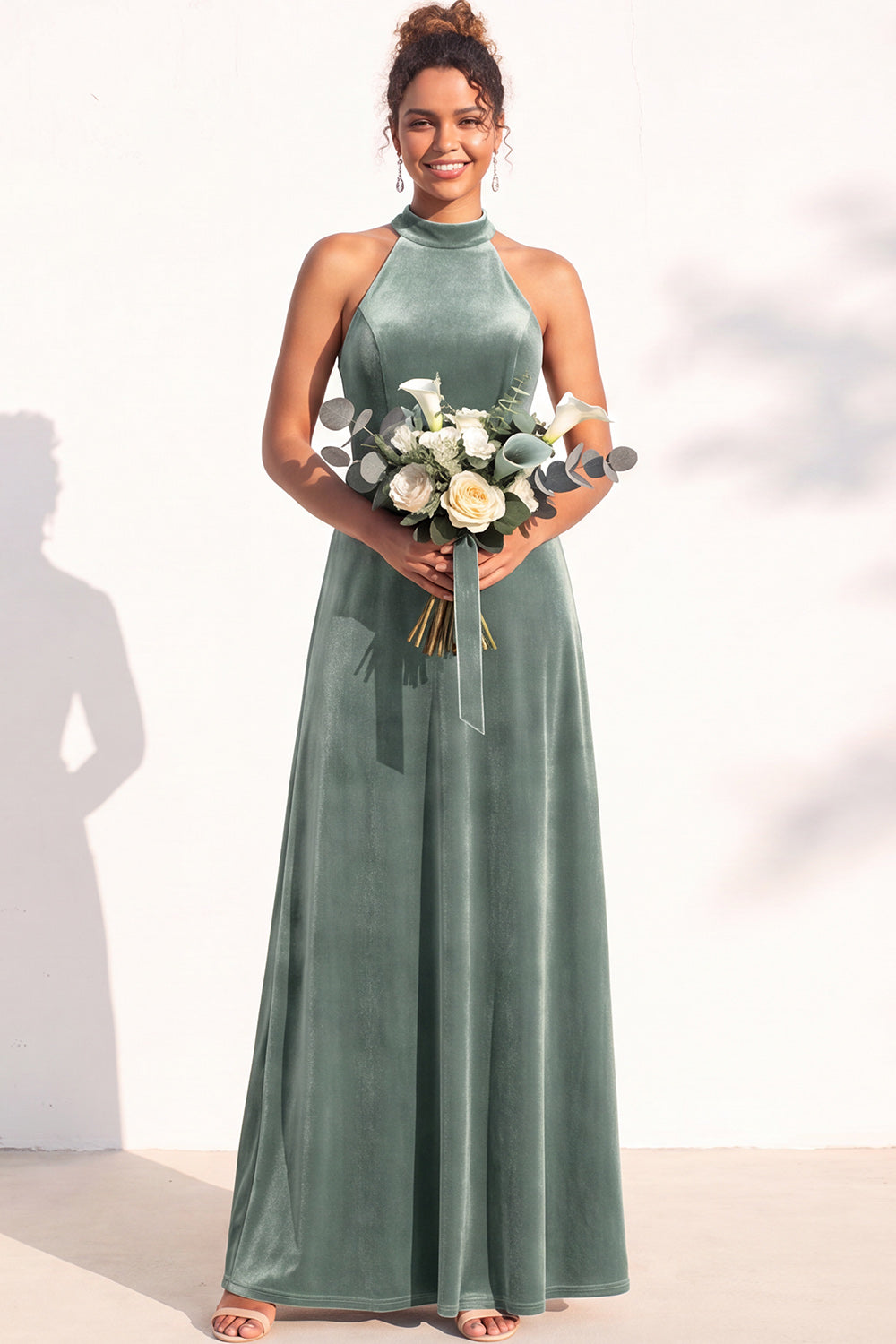 Burgundy A-Line Velvet Halter Long Wedding Guest Dress