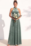 Burgundy A-Line Velvet Halter Long Wedding Guest Dress
