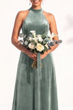 Burgundy A-Line Velvet Halter Long Wedding Guest Dress
