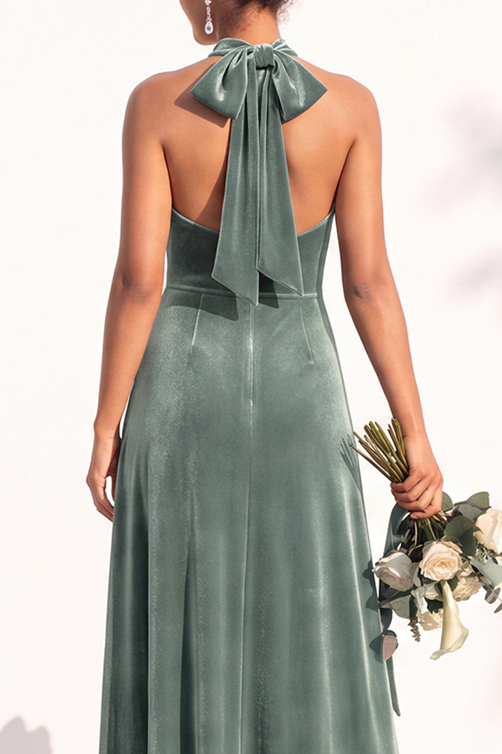Burgundy A-Line Velvet Halter Long Wedding Guest Dress