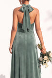 Burgundy A-Line Velvet Halter Long Wedding Guest Dress