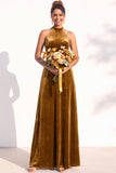 Burgundy A-Line Velvet Halter Long Wedding Guest Dress