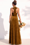 Burgundy A-Line Velvet Halter Long Wedding Guest Dress