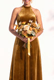 Burgundy A-Line Velvet Halter Long Wedding Guest Dress