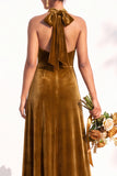 Burgundy A-Line Velvet Halter Long Wedding Guest Dress