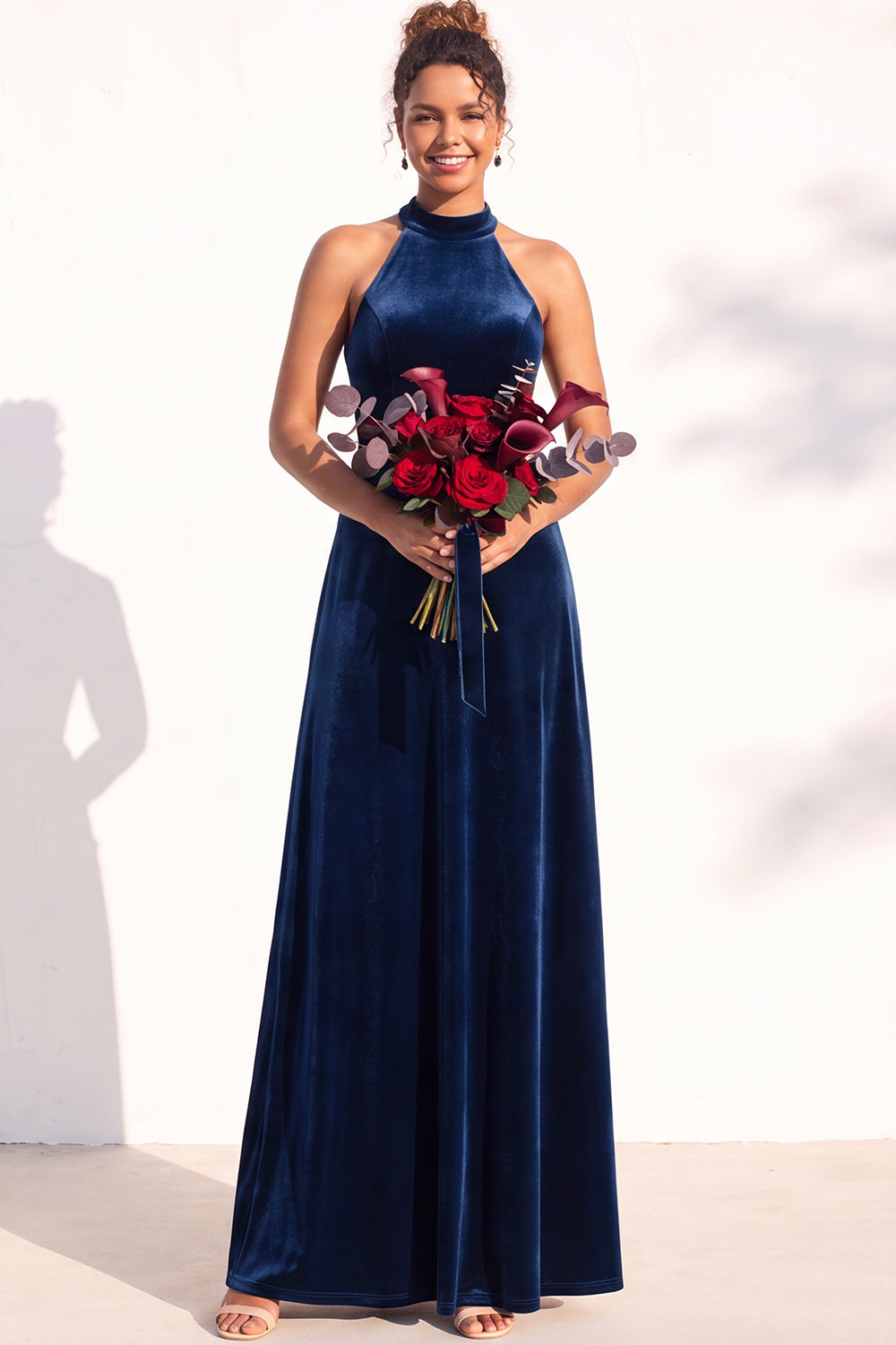 Burgundy A-Line Velvet Halter Long Wedding Guest Dress