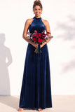 Burgundy A-Line Velvet Halter Long Wedding Guest Dress
