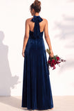 Burgundy A-Line Velvet Halter Long Wedding Guest Dress