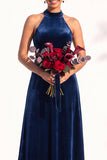 Burgundy A-Line Velvet Halter Long Wedding Guest Dress