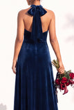 Burgundy A-Line Velvet Halter Long Wedding Guest Dress