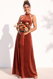 Burgundy A-Line Velvet Halter Long Wedding Guest Dress