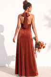 Burgundy A-Line Velvet Halter Long Wedding Guest Dress