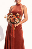 Burgundy A-Line Velvet Halter Long Wedding Guest Dress