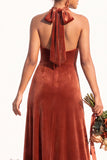 Burgundy A-Line Velvet Halter Long Wedding Guest Dress
