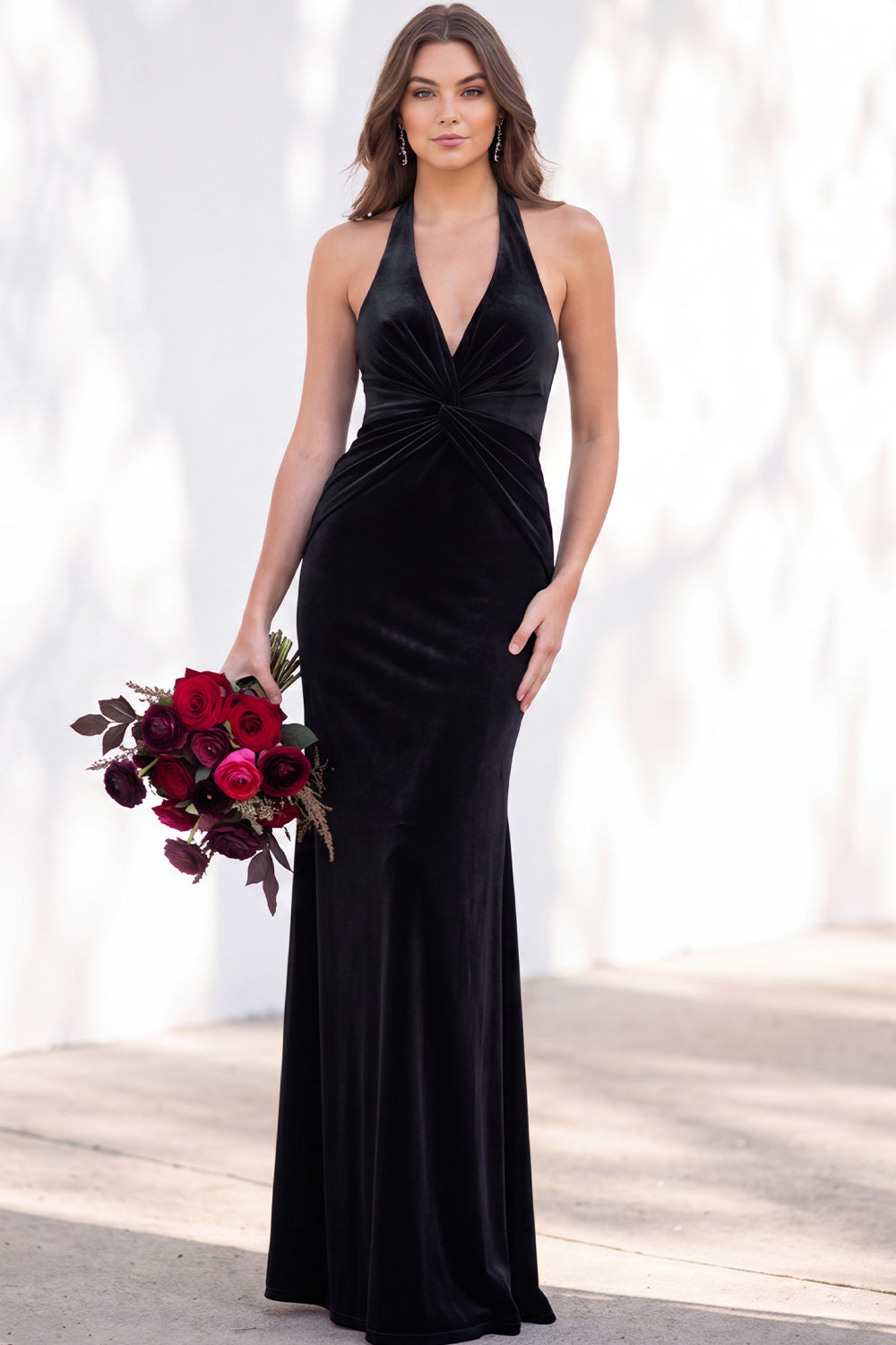 Terracotta Velvet Mermaid Halter Ruched Long Wedding Guest Dress