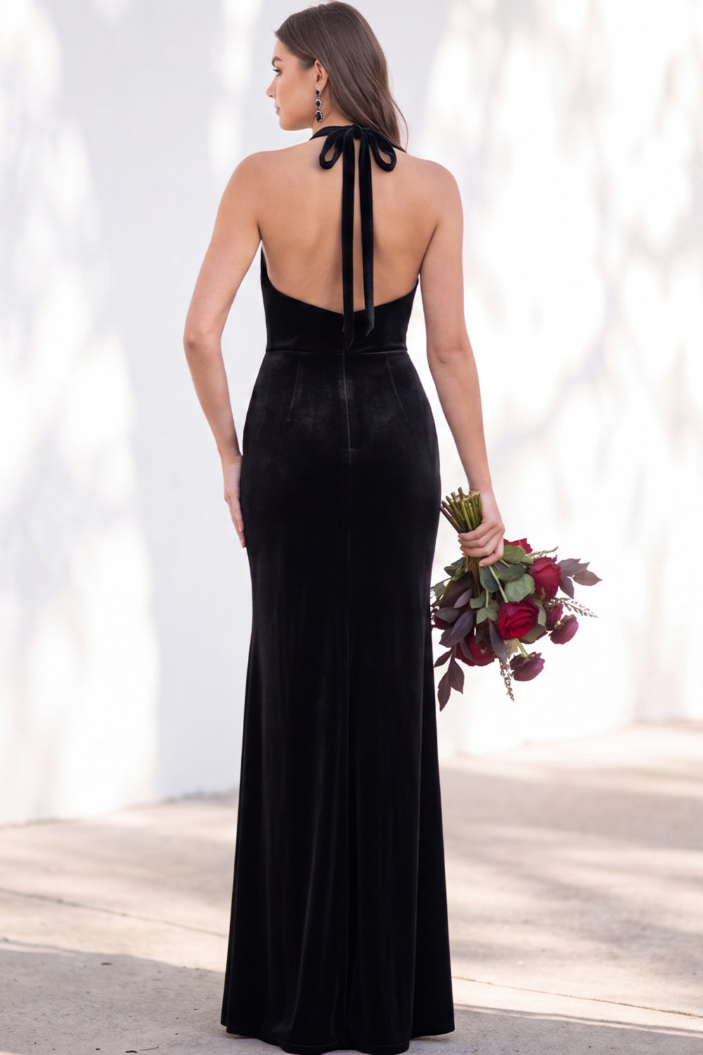 Terracotta Velvet Mermaid Halter Ruched Long Wedding Guest Dress