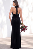 Terracotta Velvet Mermaid Halter Ruched Long Wedding Guest Dress
