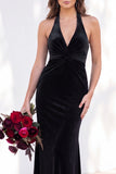 Terracotta Velvet Mermaid Halter Ruched Long Wedding Guest Dress