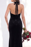 Terracotta Velvet Mermaid Halter Ruched Long Wedding Guest Dress