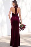 Terracotta Velvet Mermaid Halter Ruched Long Wedding Guest Dress