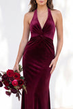 Terracotta Velvet Mermaid Halter Ruched Long Wedding Guest Dress