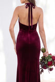 Terracotta Velvet Mermaid Halter Ruched Long Wedding Guest Dress